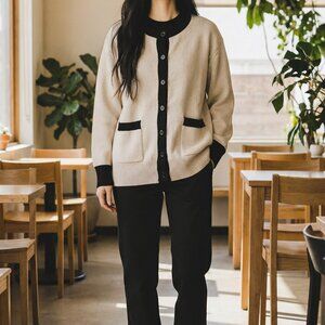 MOTF Womens Black & White Cardigan Sweater Large Button-Down Long Sleeve Acrylic